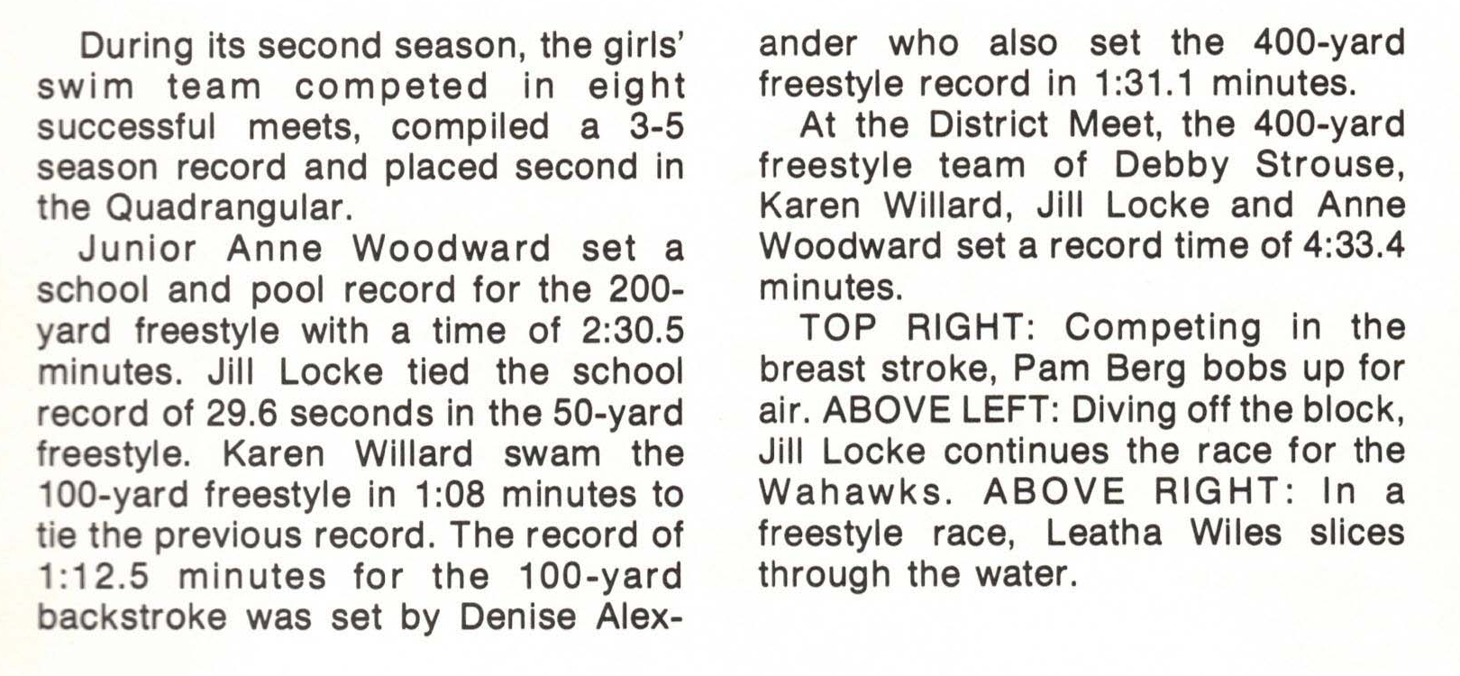 Denise Alexander — unverified yearbook source excerpt — Unverified yearbook claim: YB1972 page 78 attributes a 400-yard freestyle time of 1:31.1 to Denise Alexander. The printed event/time combination appears erroneous; the intended value is unknown.